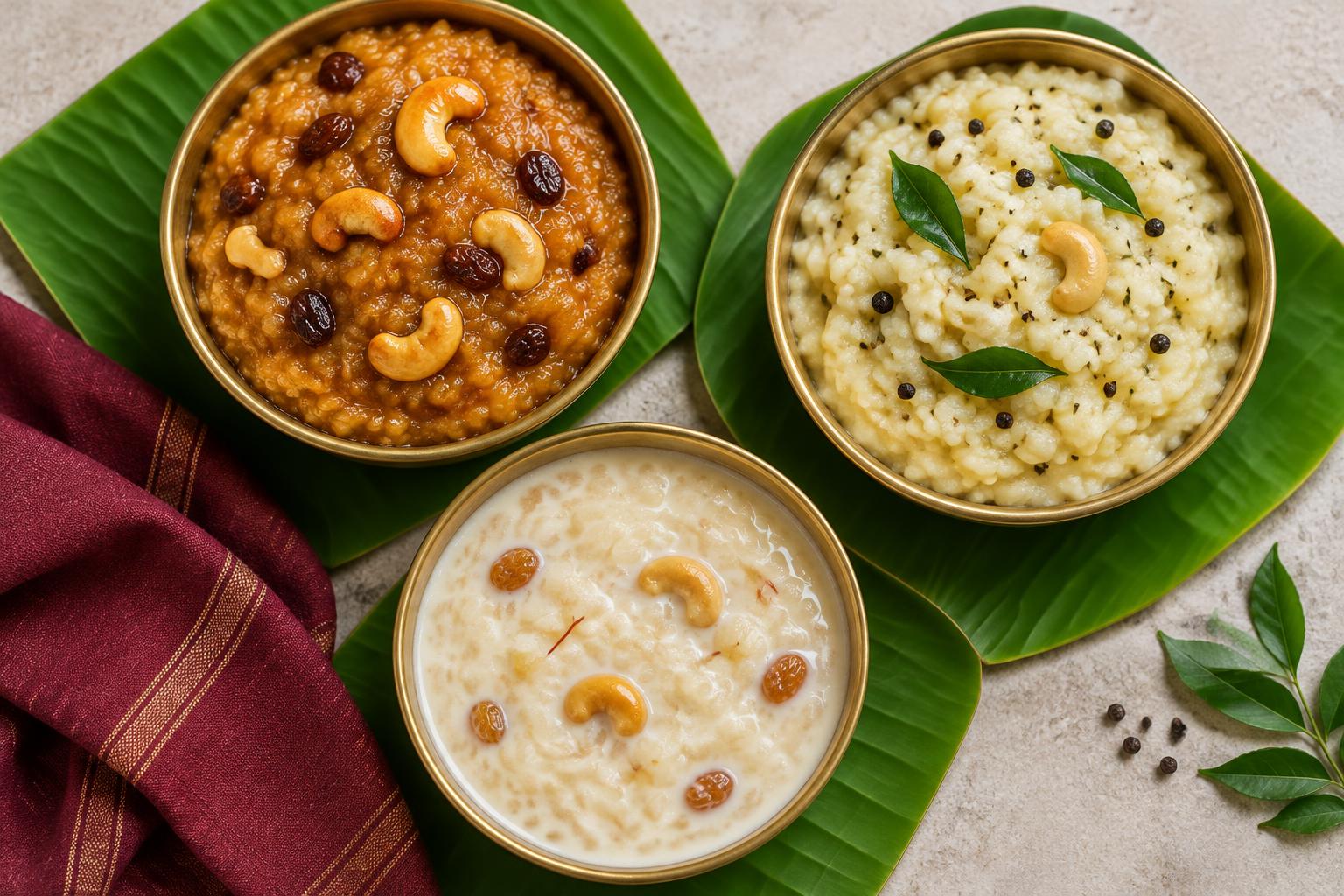 Sakkarai Pongal, Ven Pongal and Aval Payasam in brass bowls